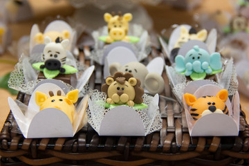 Children's candy in the shape of baby animals. Party or birthday decoration for children.