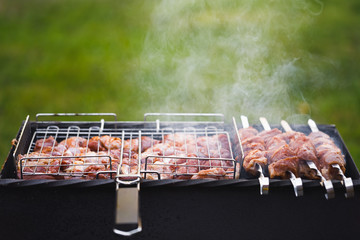 grill barbecue meat on a brazier with smoke, green grass background