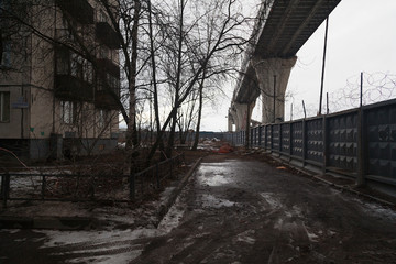 Automobile bridge over residential buildings on Kanonersky Island