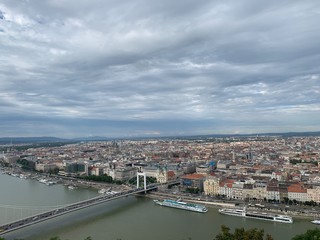 Budapest city skyline from liberty statue hill top.  Budapest, Hungary.