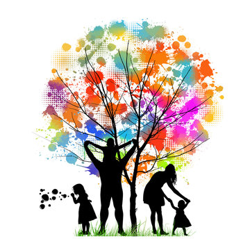 Family together near a multicolored abstract tree. Mixed media. Vector illustration