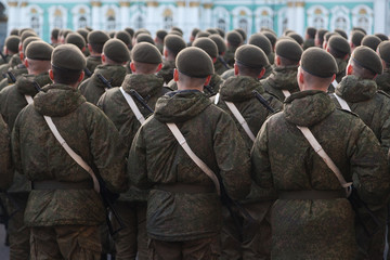 Russian soldiers before the Victory Day parade on Palace Square in St. Petersburg