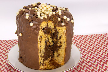Chocolate panettone. Panettone is the traditional Italian dessert for Christmas. Panettone cut.