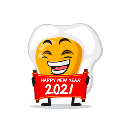 vector illustration of fried egg mascot or character holding red scroll and say happy new year