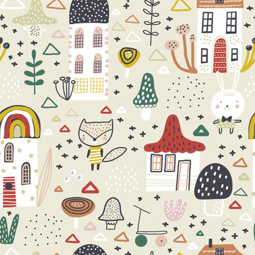 Childish seamless pattern with hand drawn mushrooms, houses and cute animals. Creative vector background for fabric, textile, nursery wallpaper. Forest background.