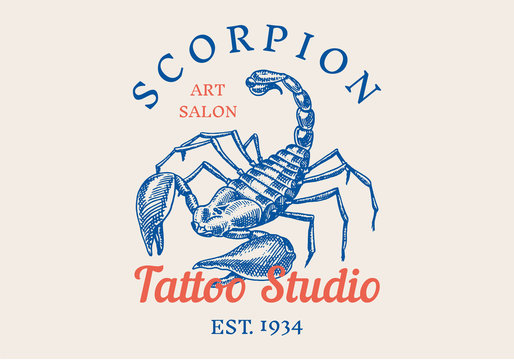 Insect logo. Vintage Scorpion label for bar or tattoo studio. Emblems badges, t-shirt typography. Engraved Vector illustration.