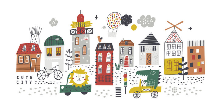 Cartoon city background. Childish vector illustration with skyscraper, buildings and cars. Design for poster, card, bag and t-shirt, cover. Baby style.