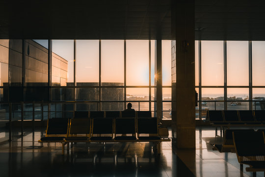 Sunset at the airport in pandemic covid-19