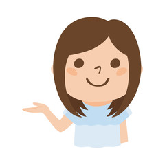 手で案内してる若い女性のイラスト。