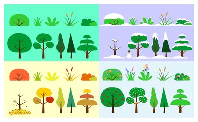 Nature trees, bushes and plants with the climate of the four seasons of the year vectorized