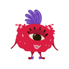 Funny pink monster in cartoon style. Children's illustration with cute characters isolated on white background. Vector