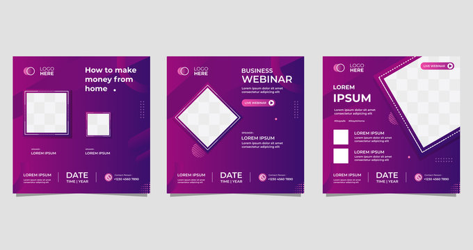 Social media post template, 
How to get money from home. Set of business webinar vector graphics, dark purple background