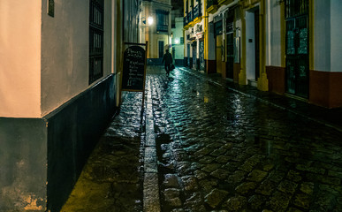 Fototapeta na wymiar Streets of Seville at night in a rainy day