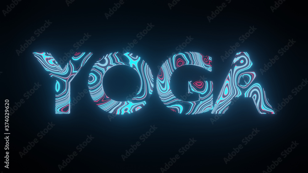 Poster illustration graphic of beautiful texture or pattern formation on the text yoga, isolated on black b