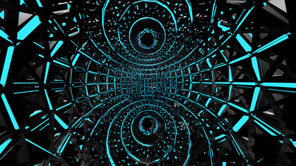 Illustration graphic of bright blue and black color wireframe structure or pattern.