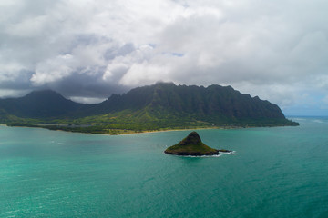 Aerial view of Chinamans hat island in Hawaii