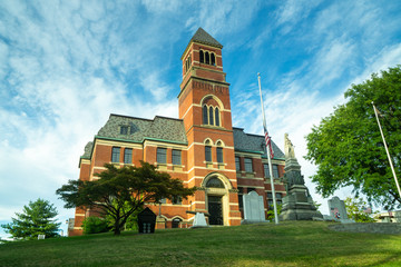 Kingston, NY / USA - 8/26/20: landscape view of Kingston's City Hall building, located on Broadway...