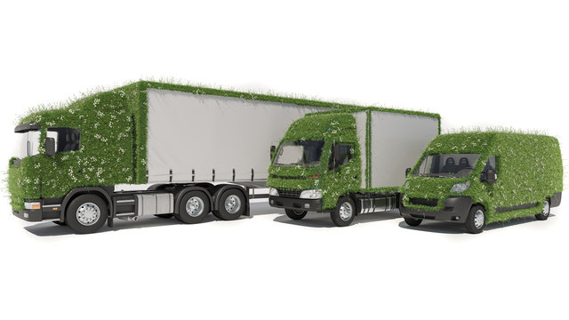 Trucks and a Delivery Van Covered with Grass and Daisies on White Background 3D Rendering