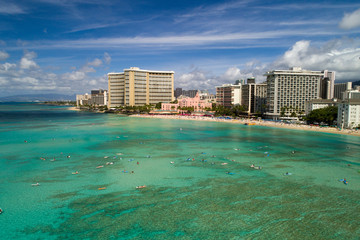 Aerial view of Waikiki with Surfers in the ocean