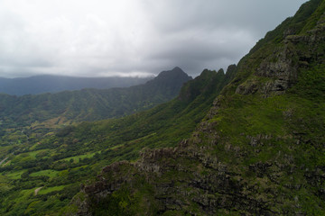 Aerial view of lush, green Hawaiian Mountains