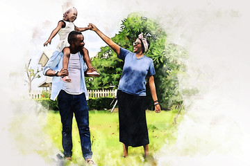 Abstract happiness America Africa  family with children in home on watercolor illustration painting background.