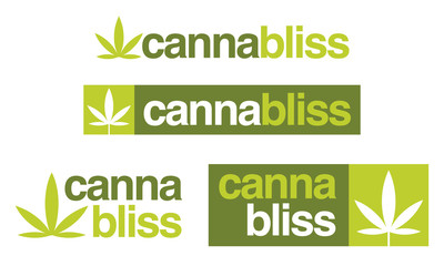 Set of 4 cannabis or marijuana logo or badge designs combining the words cannabis and bliss to form cannabliss. Includes simplified cannabis leaf.