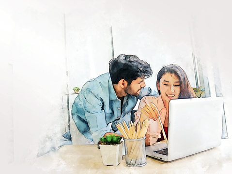Abstract happiness young couple relaxation and working from home on watercolor illustration painting background.