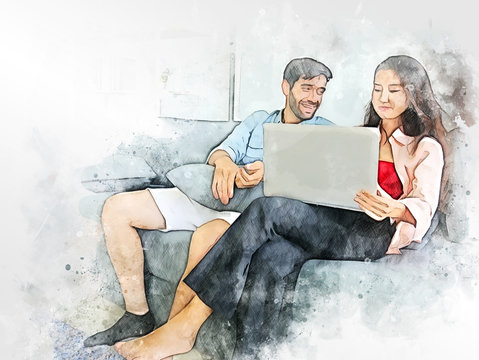 Abstract happiness young couple relaxation and working from home on watercolor illustration painting background.