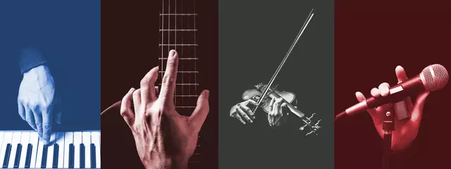 Poster four parts of musician hands playing musical instrument. music background © princeoflove