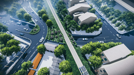 Fototapeta premium 3d illustration of an interchange with railway bridge crossing a tunnel