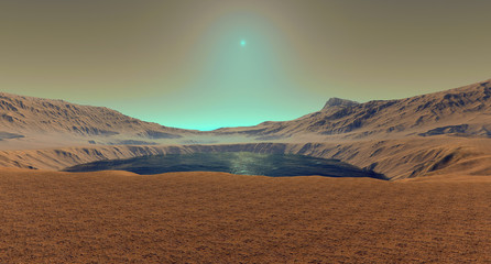 Fototapeta na wymiar Water on Mars like Planet inside of a Crater. Extremely detailed and realistic 3d illustration