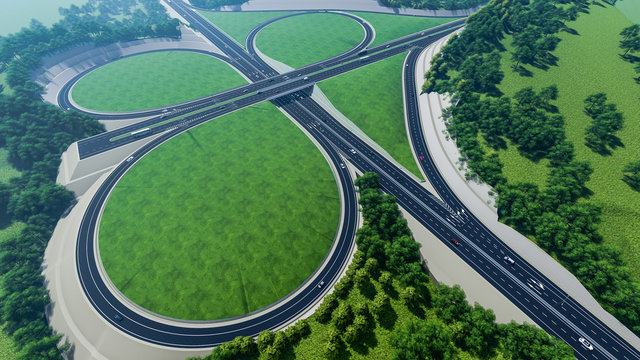 3d illustration of a large modern interchange with different levels in mountainous Vietnam
