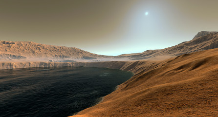 Water on Mars like Planet inside of a Crater. Extremely detailed and realistic 3d illustration © Sasa Kadrijevic