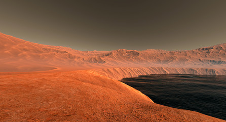 Fototapeta na wymiar Water on Mars like Planet inside of a Crater. Extremely detailed and realistic 3d illustration