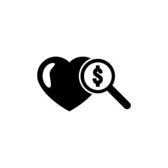 Heart with money and magnifying glass icon vector isolated on white