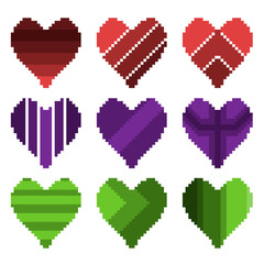Set of nine pixel illustrations. Set of hearts of different colors and shapes.
