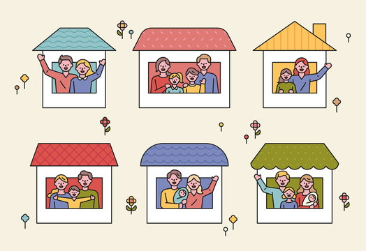 Various types of families live in different houses. flat design style minimal vector illustration.