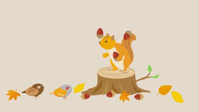 秋の動物　どんぐりで遊ぶリス