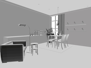 Room interior project in gray. Perspective view. Polygonal interior. 3D. Vector illustration