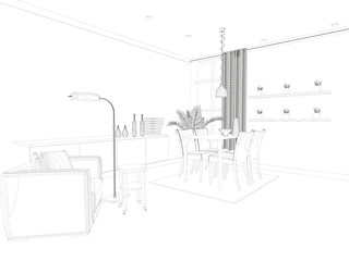 Interior project of the room from black lines. Perspective view. Wireframe interior. 3D. Vector illustration
