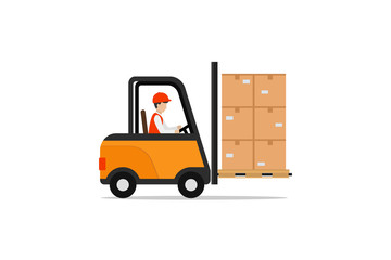 a man driving a forklift moving goods flat design isolated on white background