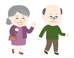 Elderly couple going for a walk. Vector illustration isolated on white background.