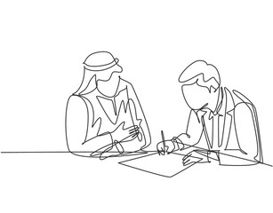 Obraz na płótnie Canvas Single continuous line drawing of young muslim sign a business deal agreement contract with his colleague. Arab middle east cloth shmagh, kandura, robe, hijab. One draw design vector illustration
