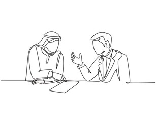 Fototapeta na wymiar Single continuous line drawing of young muslim discussing business deal project with his colleague. Arab middle east cloth shmagh, kandura, thawb, robe, hijab. One draw design vector illustration