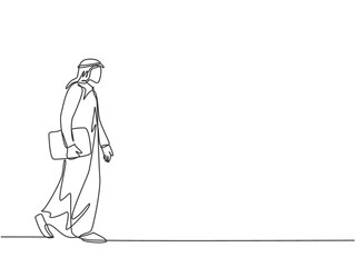 Fototapeta na wymiar One single line drawing of young happy male muslim workers walking in a hurry to catch the bus. Saudi Arabia cloth shmag, kandora, headscarf, ghutra. Continuous line draw design vector illustration
