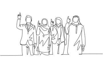 One continuous line drawing of young male and female muslim managers pointing finger to the sky, belief in God. Islamic clothing shemag, kandura, hijab. Single line draw design vector illustration