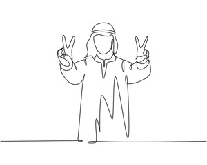One continuous line drawing of young male muslim employee giving peace or victory hand gesture. Islamic clothing shemag, kandura, scarf, keffiyeh. Single line draw design vector illustration