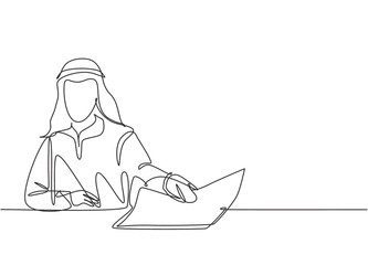 One continuous line drawing of young male muslim businessman giving job contract agreement to new staff. Islamic clothing shemag, kandura, scarf, keffiyeh. Single line draw design vector illustration