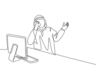 One single line drawing of young happy male muslim businessman celebrating goal achievement success. Saudi Arabia cloth shmag, kandora, thobe, ghutra. Continuous line draw design vector illustration