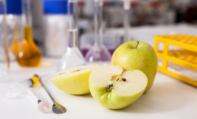 View of fresh ripe apples with test tubes and tools on table in research lab. Concept of genetic modification of fruits